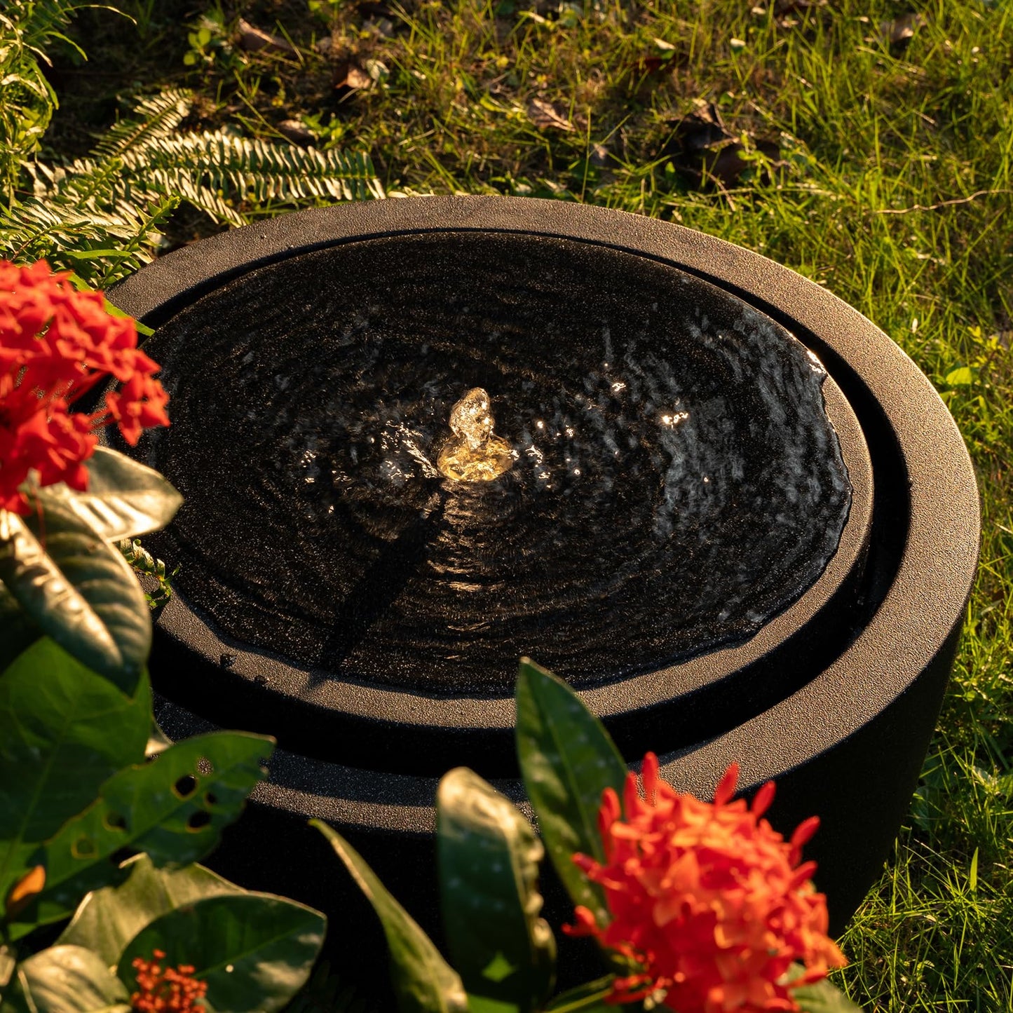 Puulye 12.60” H Outdoor Water Fountain Made with Eco-Friendly Recyclable Materials, Polyethylene Round Bubbler Water Fountain Outdoor, Garden Decor with LED Light for Patio, Porch, Backyard (12.60")