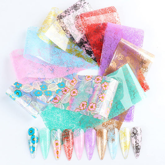 Holographic Nail Foil Transfer Stickers Decals, Lace Flowers Nail Polish Sheets Sky Starry Paper Transfer Foils Floral Leaf Nails Supplies for Nail Transfer Glue Women Manicure Nail Film Decorations