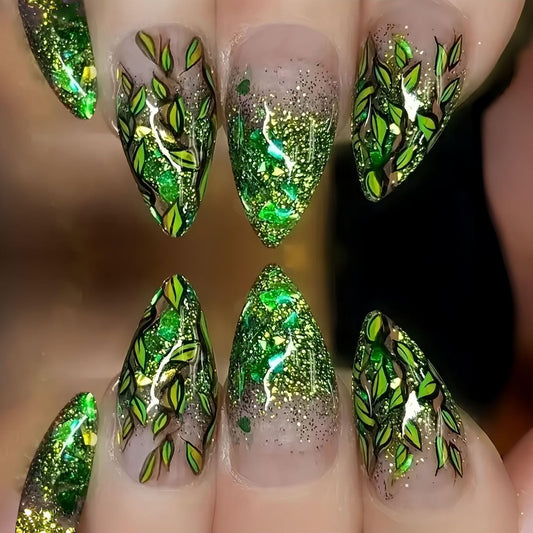 Green Plant Gradient Press on Nails Medium Almond Fake Nails Glitter Gradient False Nail Design Green Leaves Glossy Acrylic Nails for Women Girls DIY Manicure Decoration 24Pcs