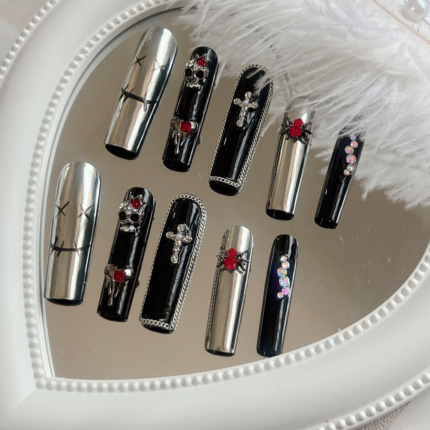 NAIL ANGEL 10PCS/SET Glamorous Handmade Press On Nails Dark Metal 3D Cross Spider Charms Red French Style Long Coffin Nails Party Nails XXL Long Artifical Tips ZJ-12 (ZJ12, S)