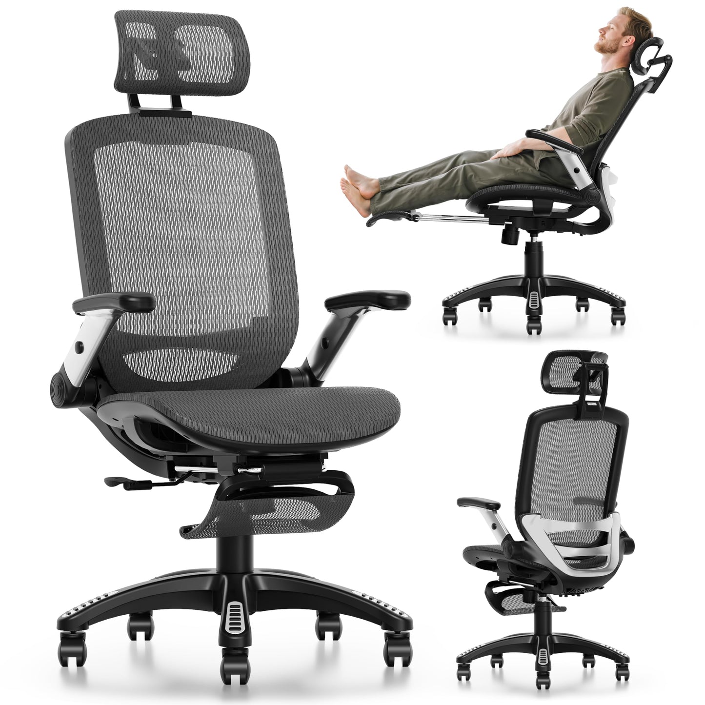 GABRYLLY Ergonomic Office Chair with Footrest, High Back Home Desk Chair - 3D Headrest, Flip-Up Arms, 135° Tilt and Wide Cushion, Heavy Duty Mesh Chairs for Task Computer Gaming,GYB01-FT