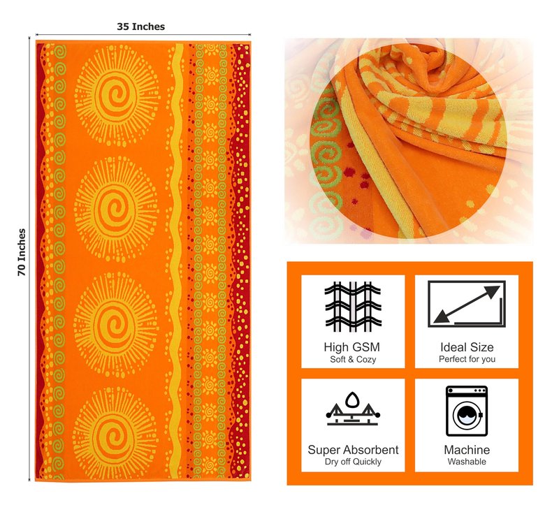 COTTON CRAFT Oversized Beach Towel - 2 Pack 35x70 XL Towels - 100% Cotton Big & Huge Pool Bath Towel - Plush Terry Jacquard Velour 450 GSM Super Soft Absorbent Luxury - Sunshine Orange Yellow