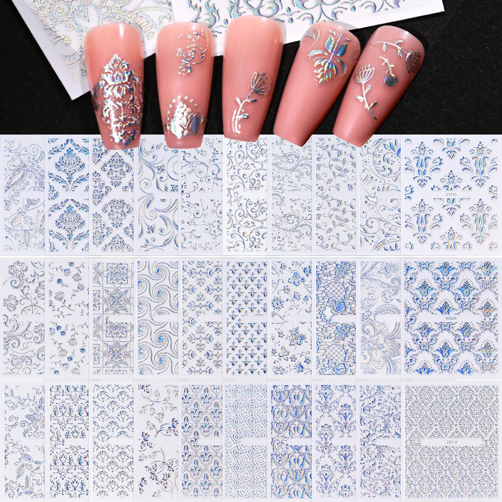 WEIXIWUYU Laser Silver Hollow Retro Floral Vine Nail Art Stickers Laser Silver Lace Design Nail Supplies 3D Self-Adhesive Nail Stickers for Women Girls DIY Manicure Slider Decorations 30 Sheets