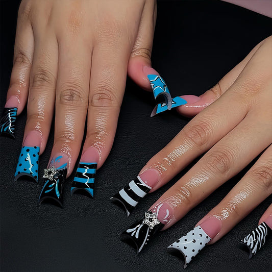 octoswave Press on Nails Duck Shape Blue Star Design Medium Flare Fake Nails for Women Party Y2K Style 24Pcs