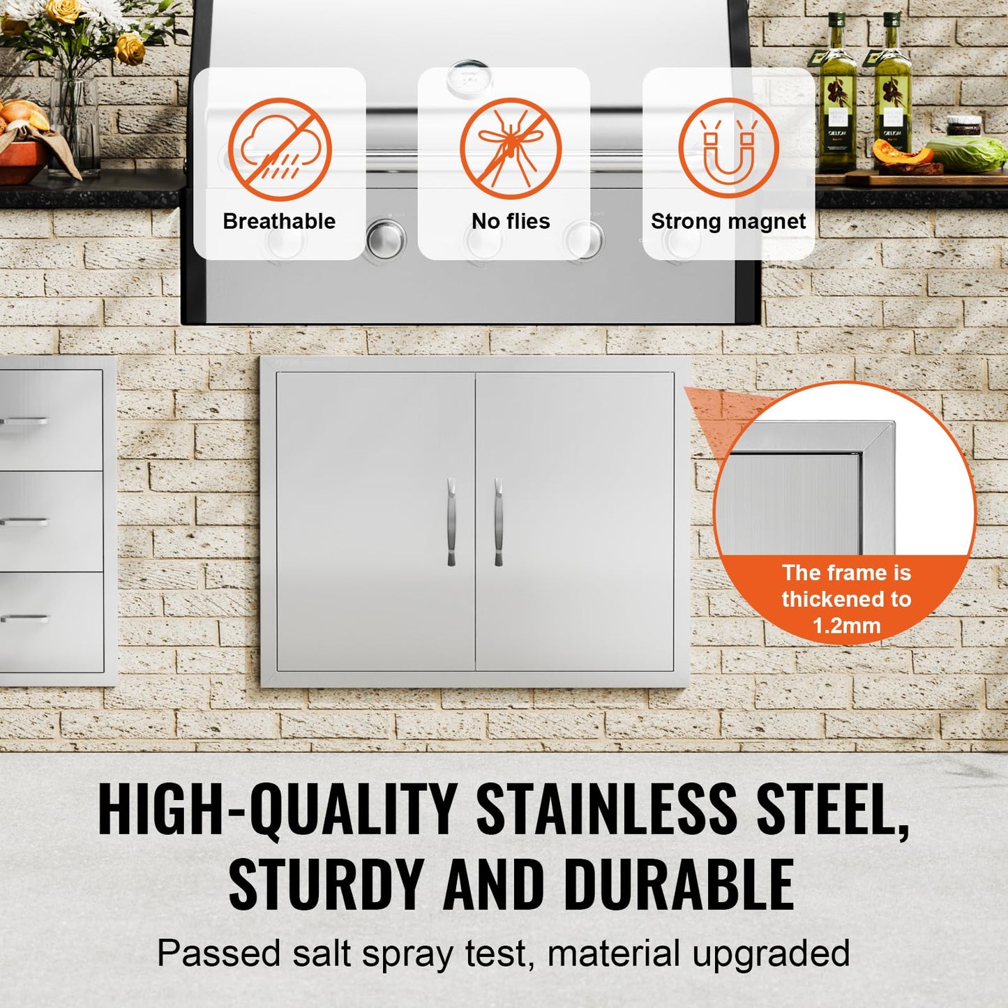 VEVOR Outdoor Kitchen Double Wall BBQ Access Door, 31W x 24H Inch Stainless Steel Flush Mount Door with Handles and Hooks for Grilling Station