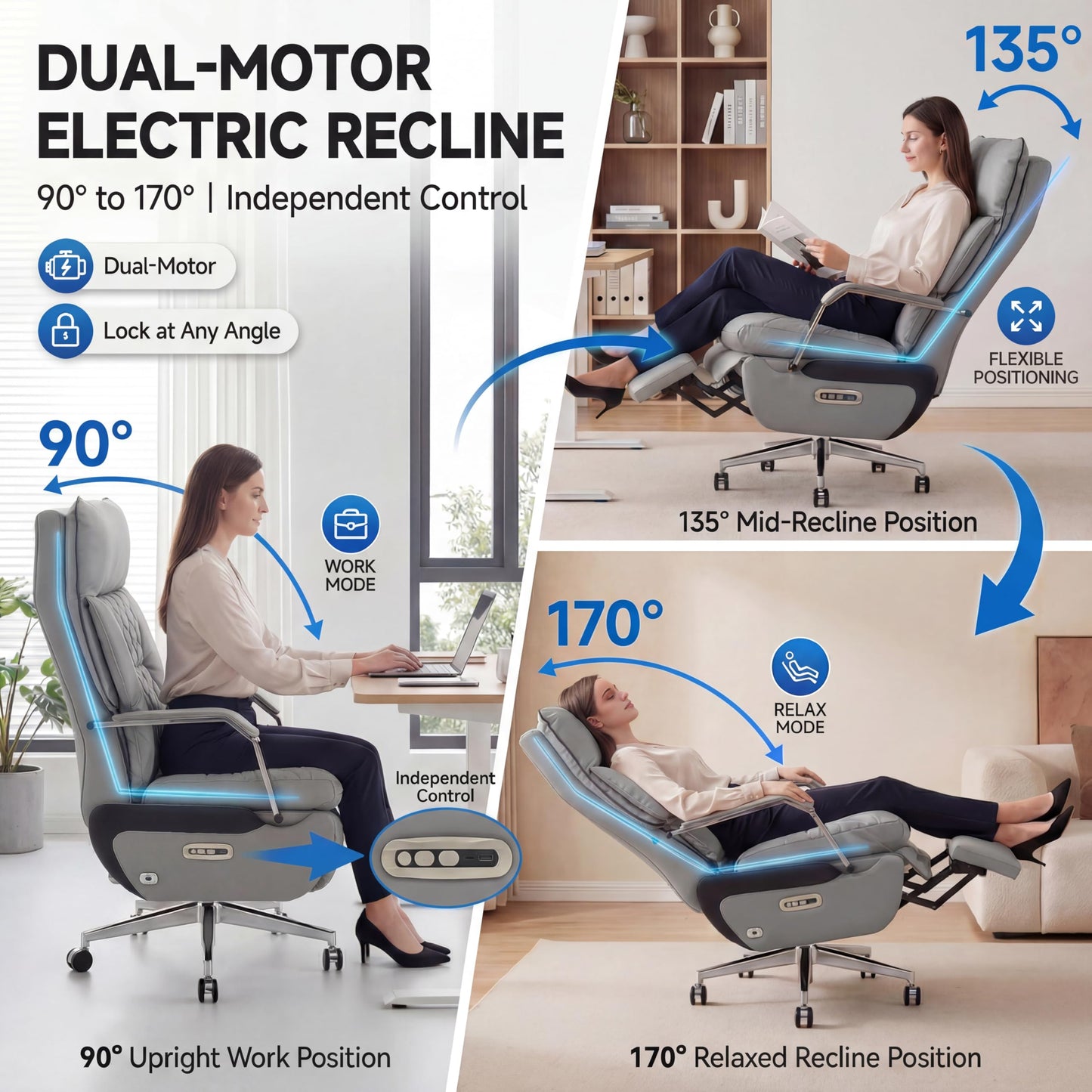 Dual Motor Executive Reclining Office Chair with Footrest – One-Click Electric Recline, Massage Lumbar Support & Pillow, Big and Tall PU Leather Ergonomic Desk Chair for Home Office/Gaming(Gray)