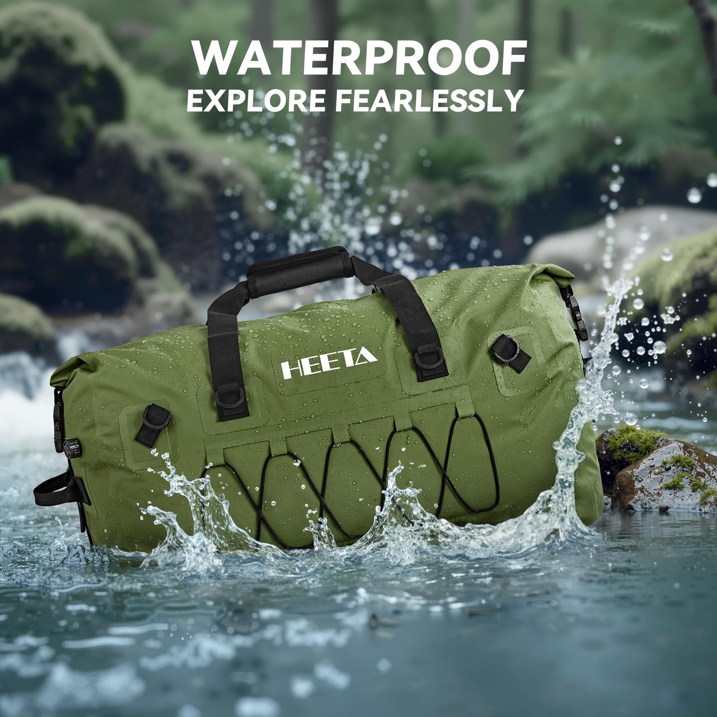 HEETA Waterproof Duffel Bag Motorcycle Dry Bag Backpack, Extra Large Rolltop Travel Duffle Bags with Straps & Handles for Kayaking Rafting Boating Canoeing Camping Gym Beach (Green, 110L)