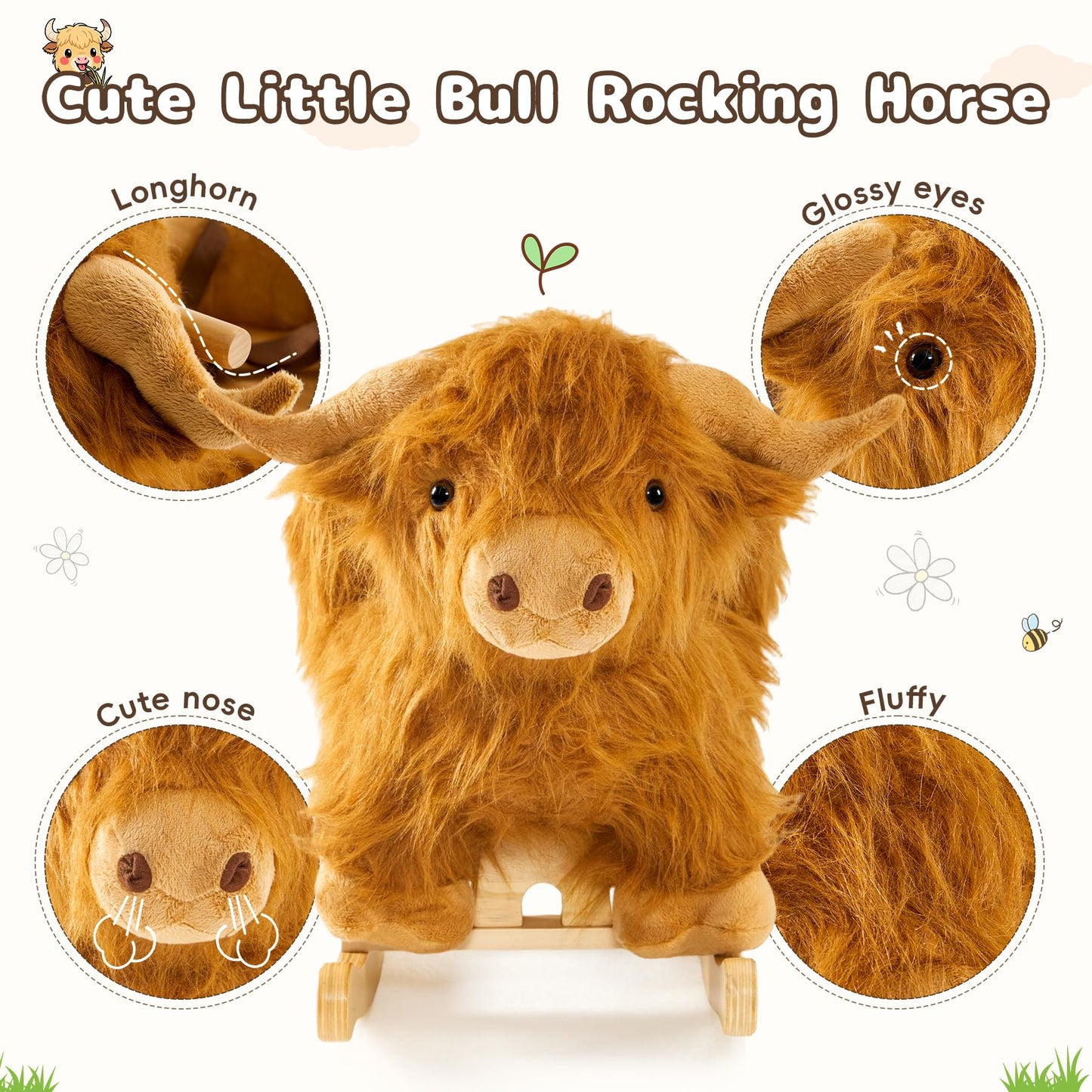 Baby Rocking Horse,Highlander Cattle Wooden Rocking Horse for Toddlers 1 Year Old Cute Cow Stuffed Plush Ride-on Toy Rocking Animal for Baby Boys and Girls Nursery/Child Christmas or Birthday Gift