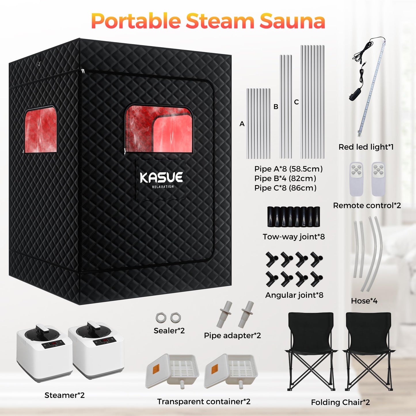 KASUE Upgraded 2 Person Sauna, Portable Infrared Sauna with 5-Layer Waterproof, 2 Steamers, 2 Folding Chair, 71”x 36”x 49” for Indoor, Outdoor, Gym, Spa, Carbon Black