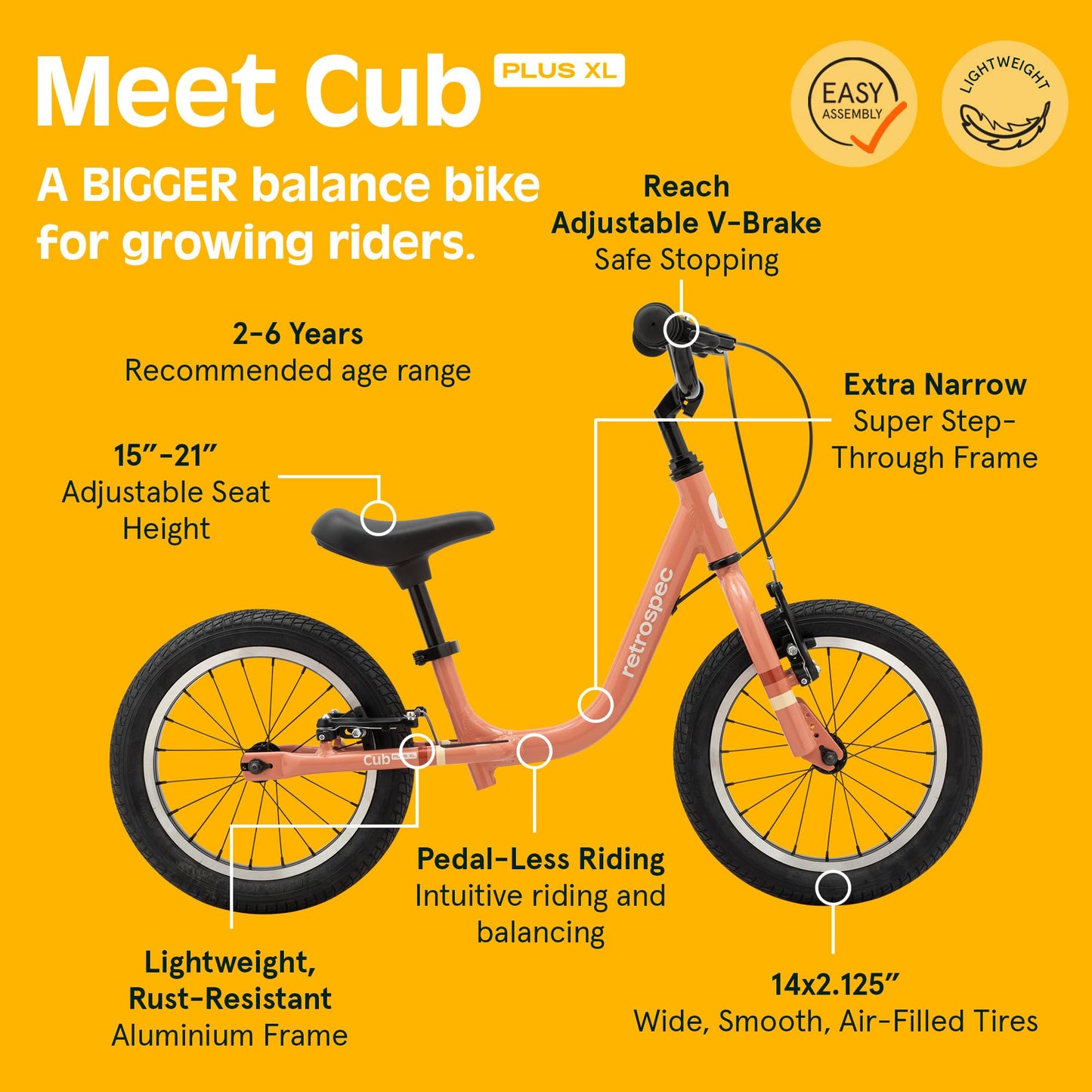Retrospec Cub Plus XL Kids Balance Bike - 14in Outdoor Toddler Bike with Adjustable Height 15-21in - Lightweight Aluminum Frame & Hand Brakes for Ages 4-6 - Training with Air Tires