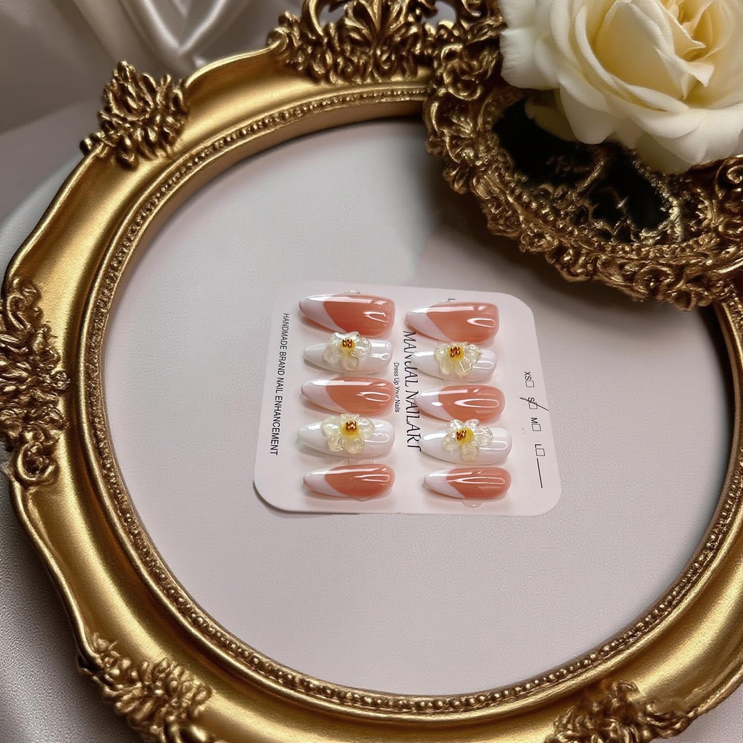 Handmade Press on Nails Medium Almond Fake Nails Press Ons White 3D Luxury Elegant Flower Full Cover Stick on Nails Glue on Nails for Women Girls Manicure (Clear White S)