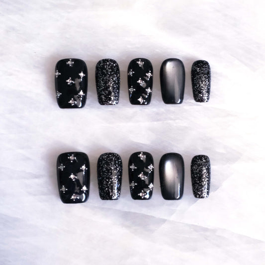 BlackStar - Handmade Press on Nails, Black Starry Sky with Cat Eye, Rhinestone Bling, Medium Ballerina Shape, 10 Pieces (Medium Size, MB)