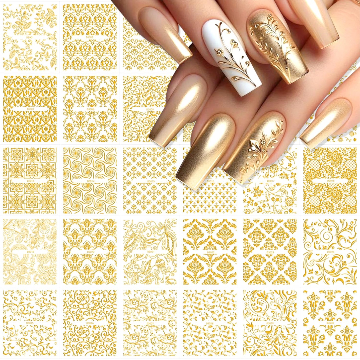 30 Sheet Nail Stickers,Gold Lace Flower Nail Art Stickers,3D Self-Adhesive Nail Decals,with Hollow Retro Floral Vine Design Spring,Gold Lace Floral Acrylic Nails Supplies for Women Manicure Decor