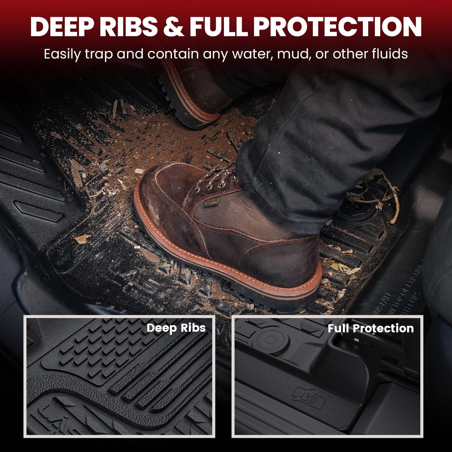 LASFIT Floor Mats for 2013-2018 Dodge Ram 1500 Quad Cab, 2019-2024 Dodge Ram 1500 Classic, Fit for Bucket Seat & Carpet Flooring, All Weather TPE Custom Fit Car Mats Floor Liners 1st & 2nd Row, Black