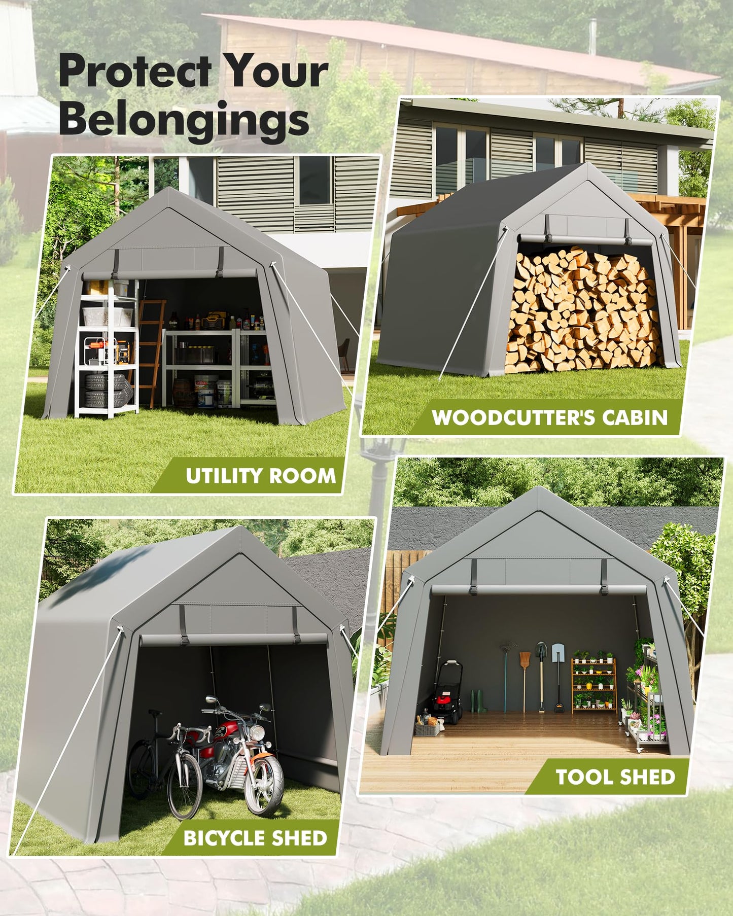 GarveeHome 10 x 10 Ft Carport Storage Shed, Portable Garage with Roll-Up Zipper Door, Heavy Duty Waterproof Tarp, Storage for Motorcycle, Bike, Firewood, Garden Tools, Grey