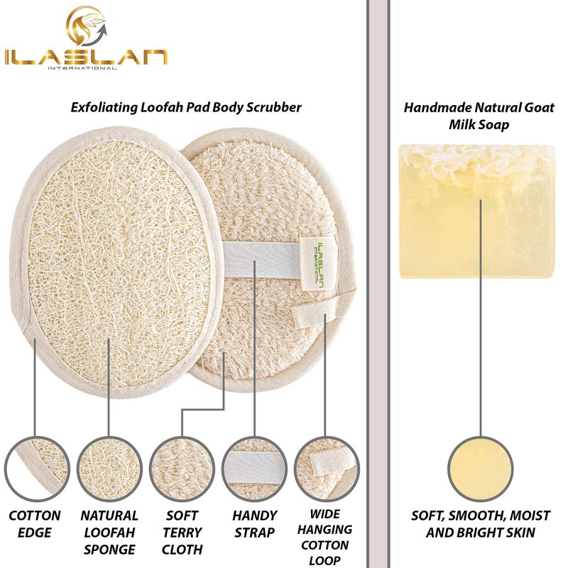 Natural Loofah for Men or Women, The Ultimate Men's Loofah Body Scrubber Made with Natural Egyptian Shower luffa Sponge, Bath Shower Sponge lufas for Men & Women, 2 Loofa Pads & 1 Goat Milk Bath Soap