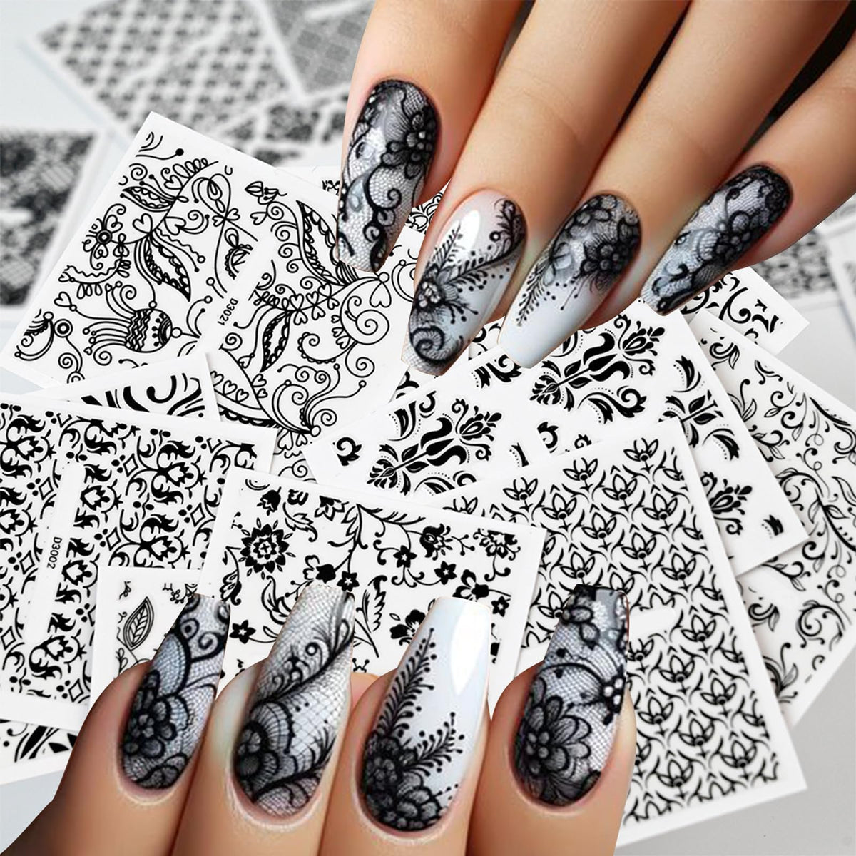 WEIXIWUYU 30 Sheets Black Lace Nail Art Stickers 3D Self-Adhesive Black Hollow Retro Floral Vine Design Decals for Women Girls DIY Manicure Slider Decorations