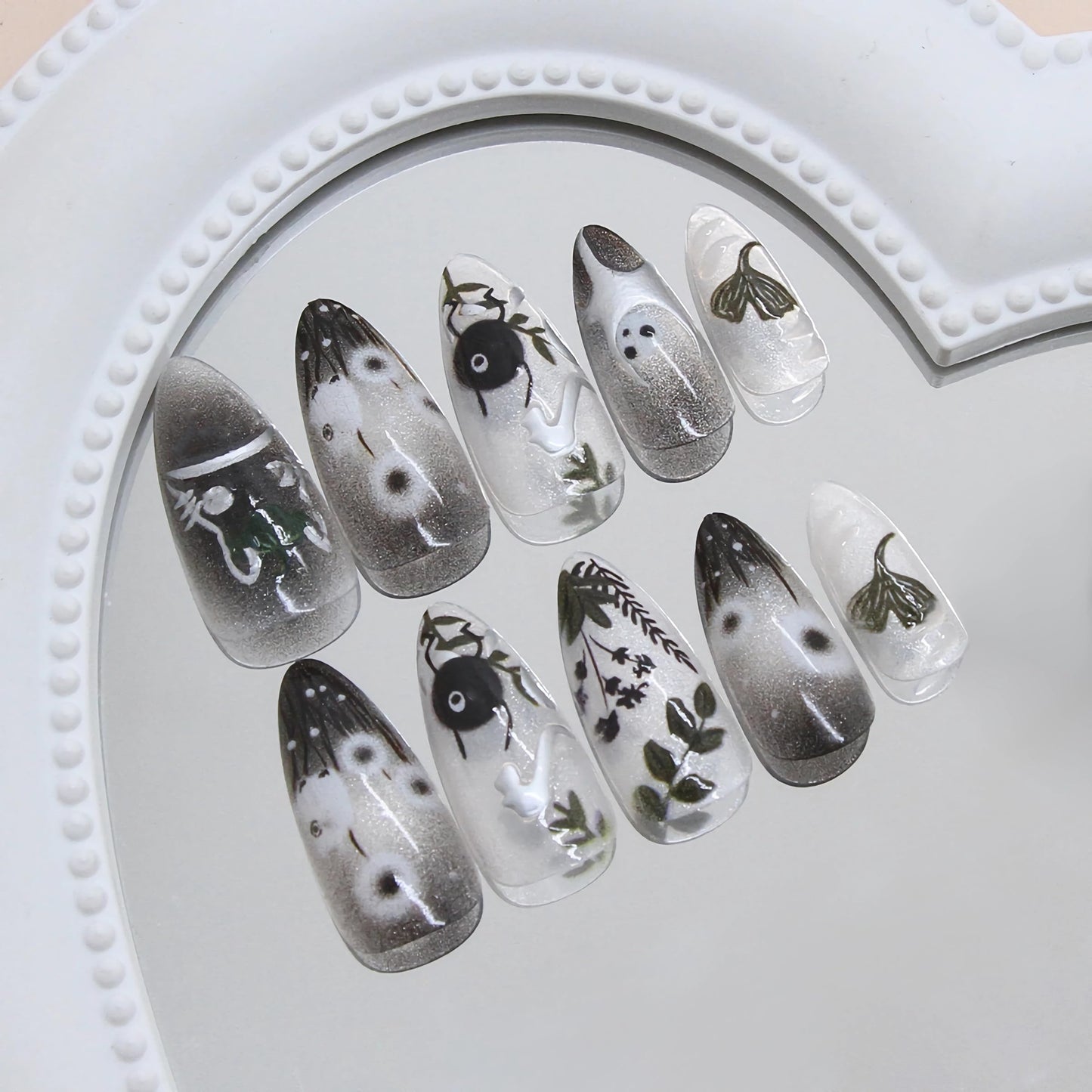 BABALAL Press on Nails Medium Almond Fake Nails Black Gothic Glue on Ghost Decvil Punk 24Pcs Stiletto Acrylic Nails Anime Nails for Women Girls Halloween Supplies