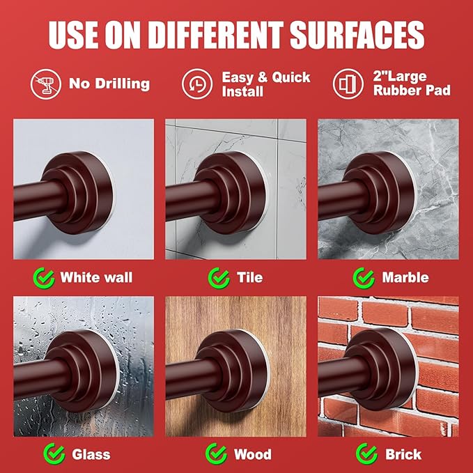 Ausemku Shower Curtain Rod - 32-68 Inch Rustproof Tension Rod, Non-Slip Spring Design, No Drilling Adjustable Curtain Rod for Bathroom, Kitchen, and Closet（Brown）