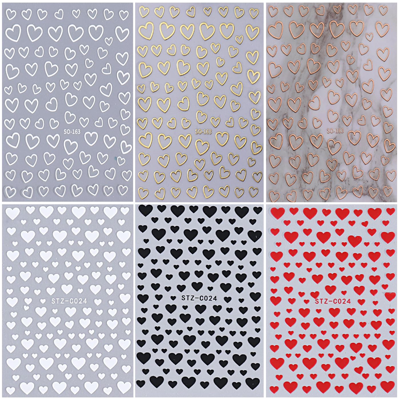 6PCS Valentine's Day Heart Nail Stickers - Love Art Supplies, 3D Self-Adhesive Decals, Black Red White Gold Design DIY Manicure Decor for Women