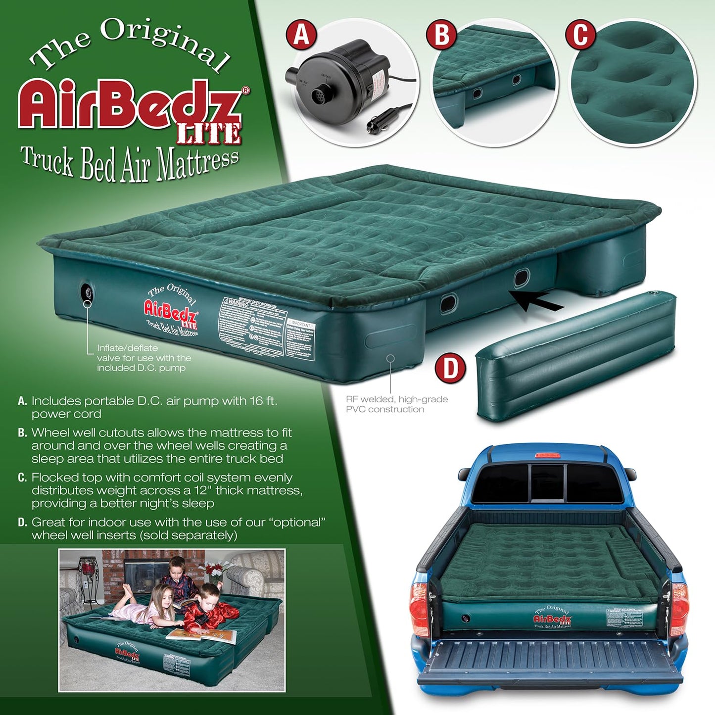 AirBedz by Pittman Outdoors - Lite Full Size Short Truck Bed Air Mattress, Green - 6-6.5' Long, with Portable DC Air Pump