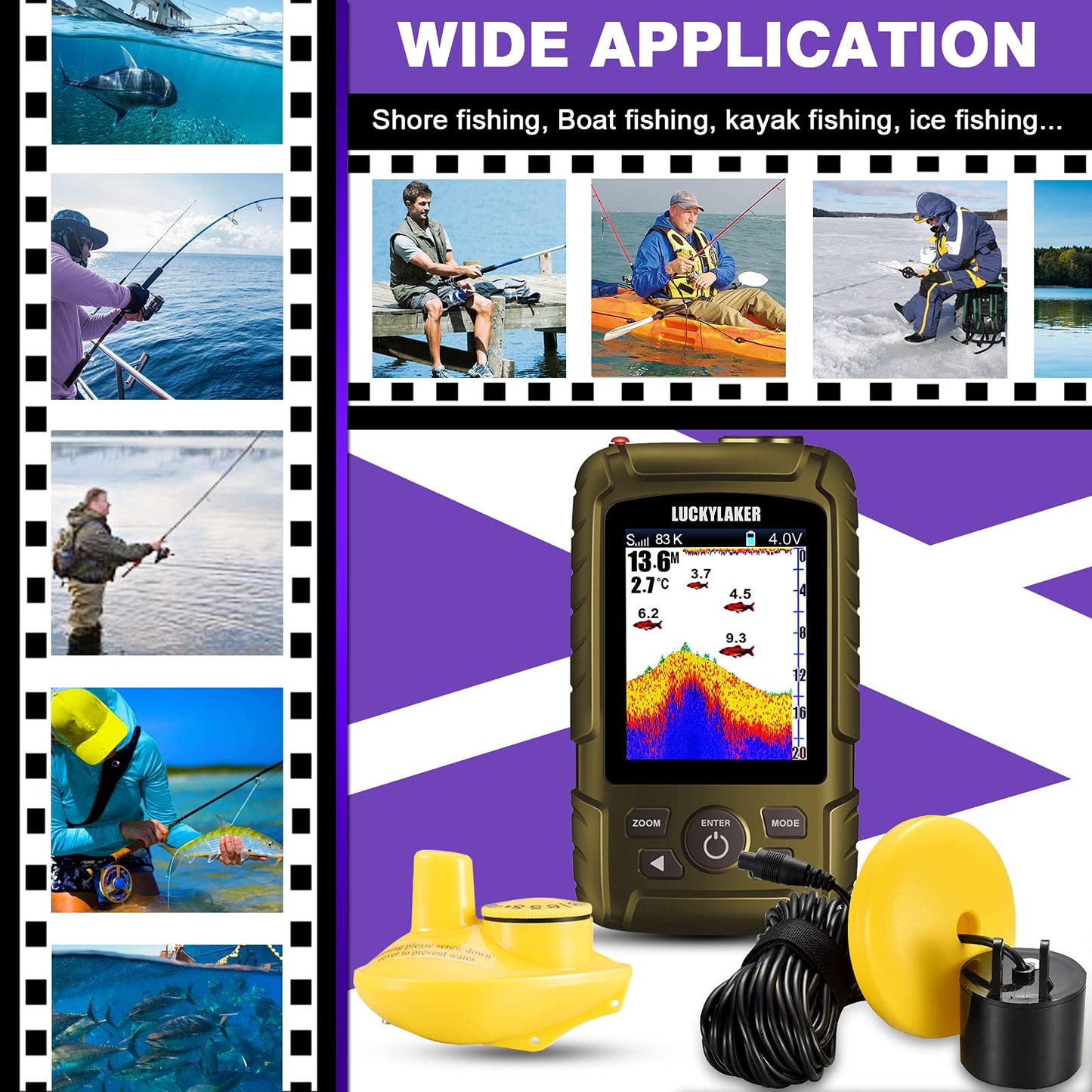 LUCKYLAKER Sensor Handheld Fish Finder Water LCD Boat Depth Finder Display Transducer Wireless Waterproof Fish Finders Transducer Fishing Gift