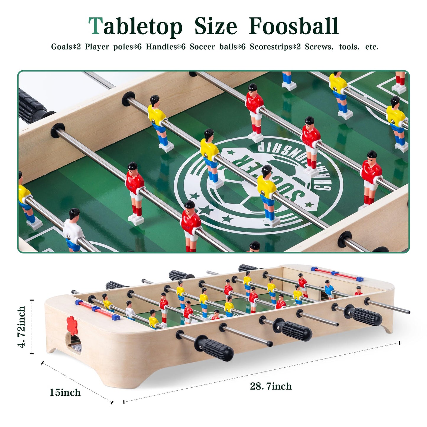 Miosea 28 Inch Tabletop Foosball Table, Portable Wooden Soccer Game Set with Non-Slip Base, Ergonomic Handles for Kids and Adults, Indoor Family Game Night & Birthday Gift