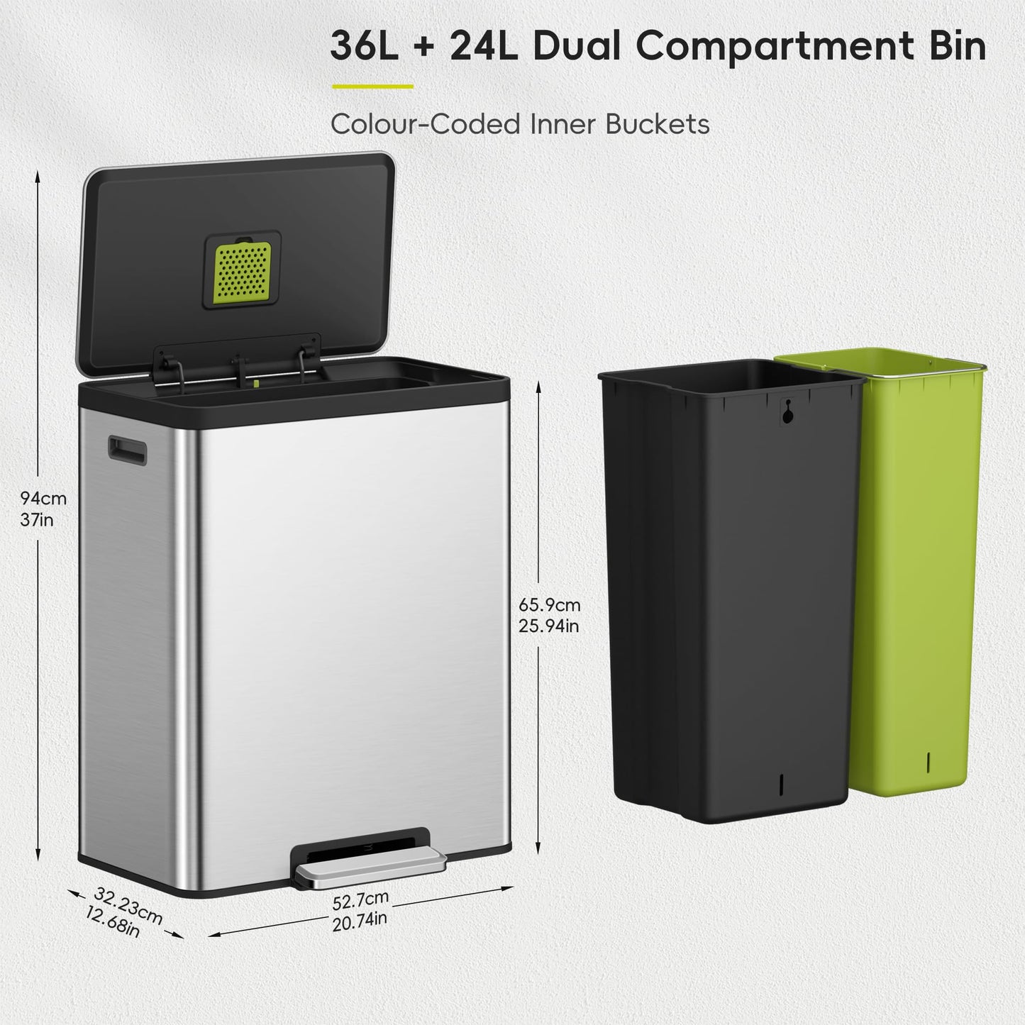 EKO EcoCasa II 36L+24L Dual Trash Can with Recycle Bin, Stainless Steel Garbage Can with Lid, Deodorizer Compartment, Odor-Proof and Fingerprint Resistant