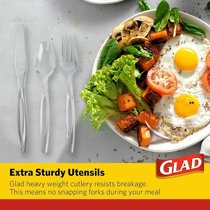 Glad Clear Disposable Cutlery Set with Heavy Duty Plastic Forks, Knives, and Spoons, Reusable Dishwasher Safe Plastic Utensils for Parties and Everyday Use, 240 Count