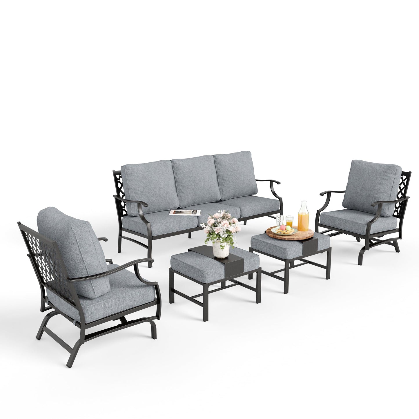MIXPATIO Patio Furniture Set 5 pcs, Outdoor Patio Furniture, 3-Seat Sofa, 2 Rocking Chairs, 2 Ottomans and 5.75" Extra Thick Cushion, Patio Conversation Set for Garden Backyard Deck,Grey
