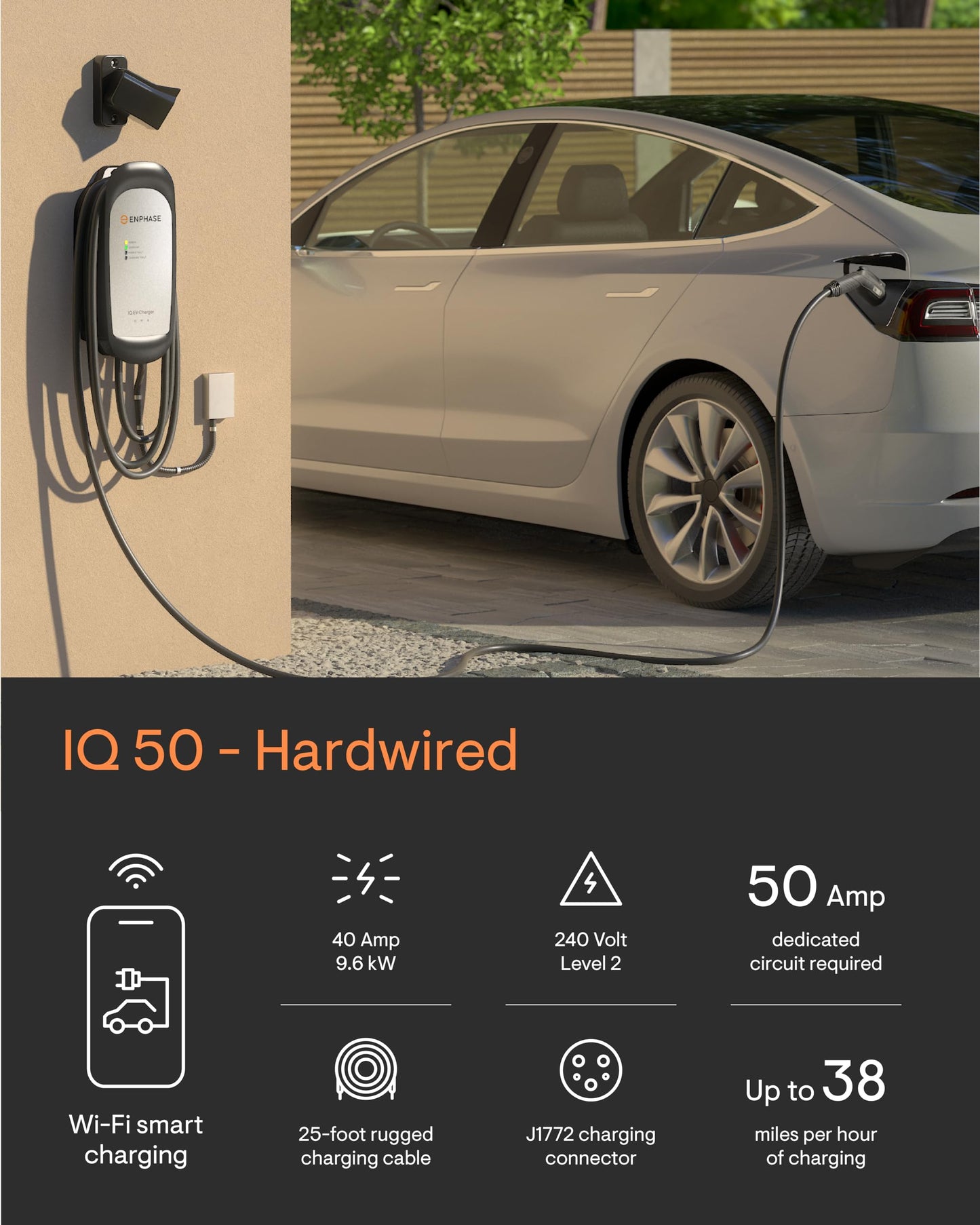40 Amp Smart Level 2 EV Charger - Enphase IQ 50 (Formerly ClipperCreek), Hardwired, Electric Car Charger with J1772 Connector, 5-Year Warranty, 25ft Cable for Home Use
