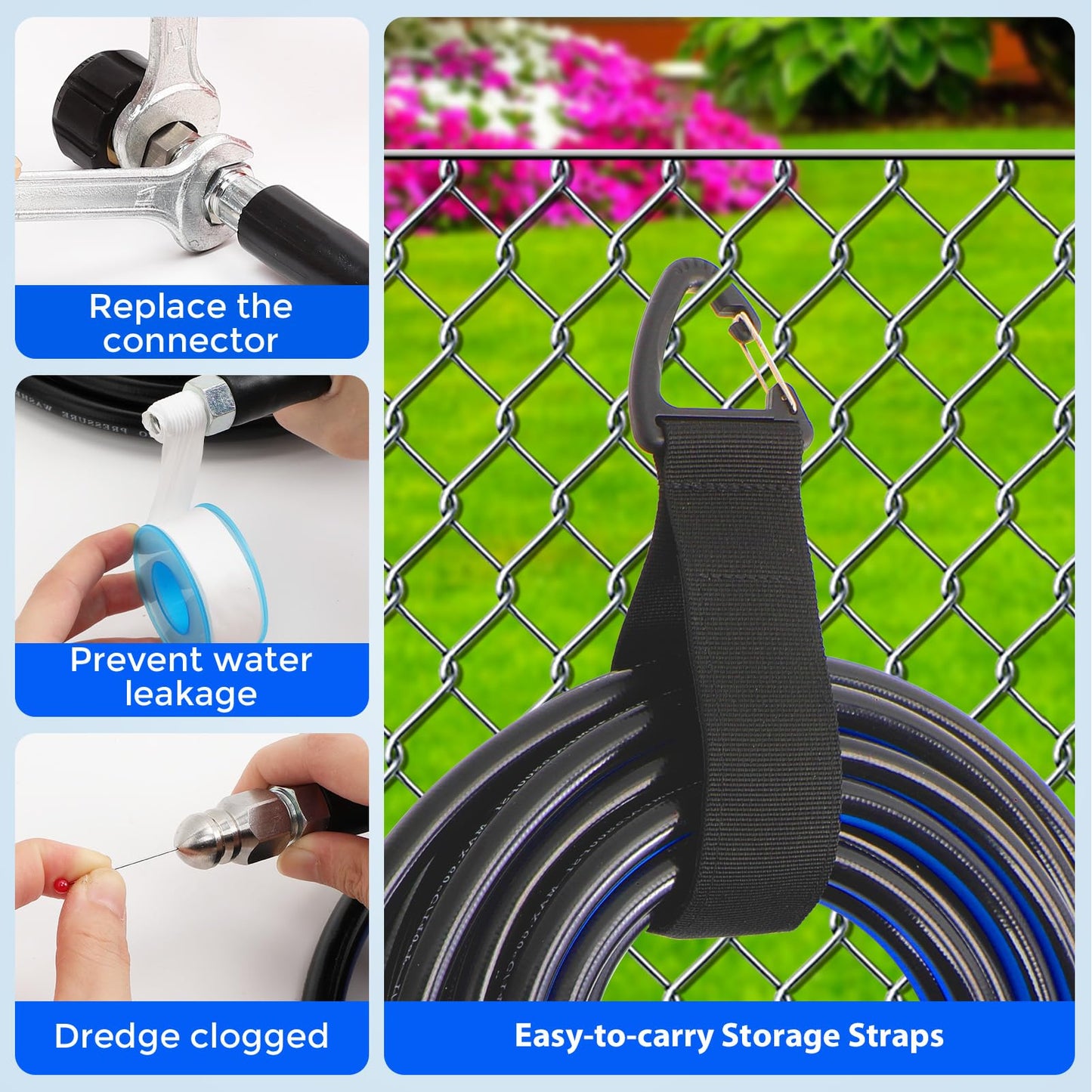 AMOPRO Sewer Jetter Kit for Pressure Washer, 5800PSI Drain Cleaner Hose 1/4 Inch NPT Corner Rotating and Button Nose Sewer Jetting Nozzle Spanner Watertight Tape Pearl Corsage Pin Handle Strap (50FT)