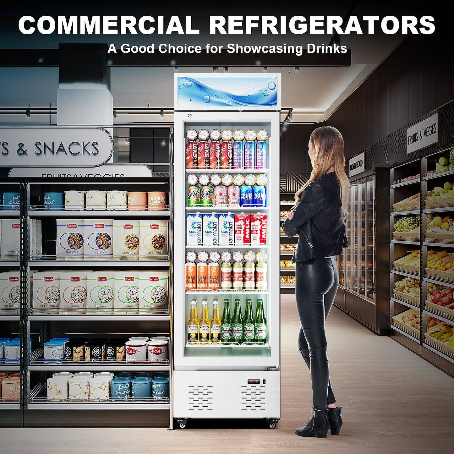 ECEVT 22.8'' W Commercial Beverage Refrigerator, 11 Cu.Ft Glass Door Drink Cooler with Soft Light and 5 Shelves, Display Refrigerator for Restaurant Store Cafe Bar, White