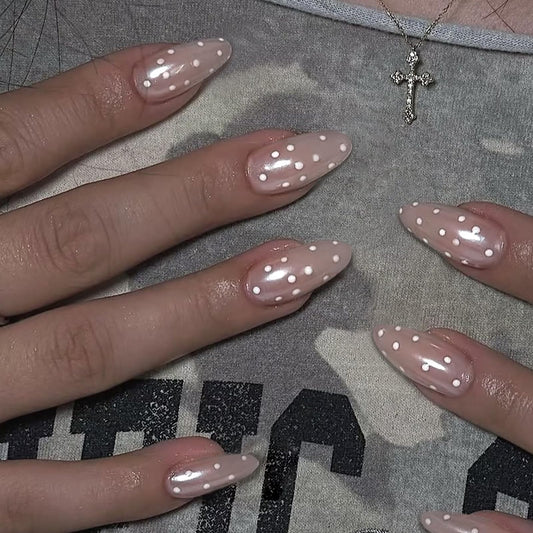 HOSAILY Chrome Polka Dot Press on Nails Medium Almond, 30pcs Handmade Nude Pink Glaze Aurora Fake Nails with Iridescent Shimmer Design, Glossy Elegant Pretty Daily Wear Valentine Press ons for Women