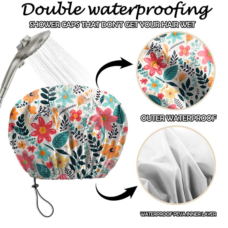 Deokke 2 PCS Shower Cap Reusable Waterproof Adjustable Double Layer Elastic Dry Hair Bathing Caps Aesthetic Cute for Women Girls-Pink Flower