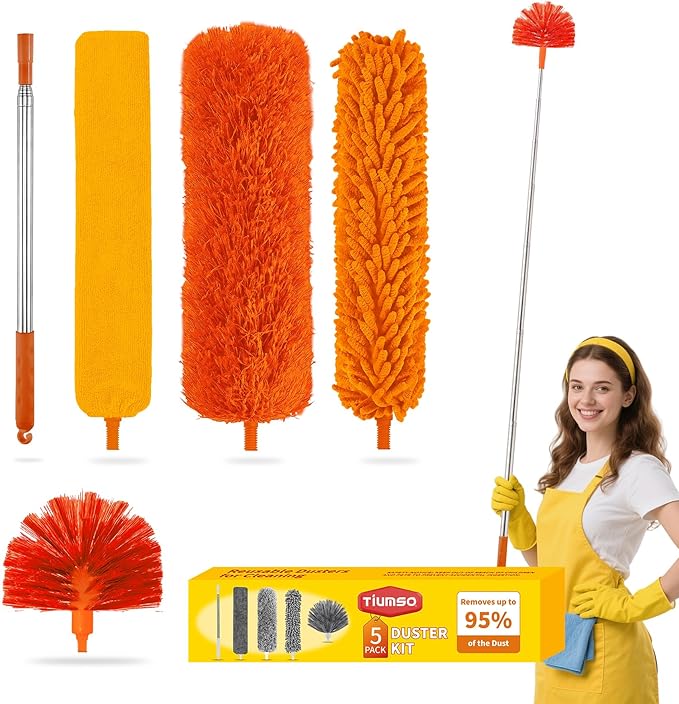 Tiumso 5-in-1 Duster with Extension Pole 100â Extendable Dusters for Cleaning Reusable Anti-Spin Dusting Kits for High Ceiling Fans, Cobwebs & Vents, Reinforced Stainless Steel Telescopic Handle