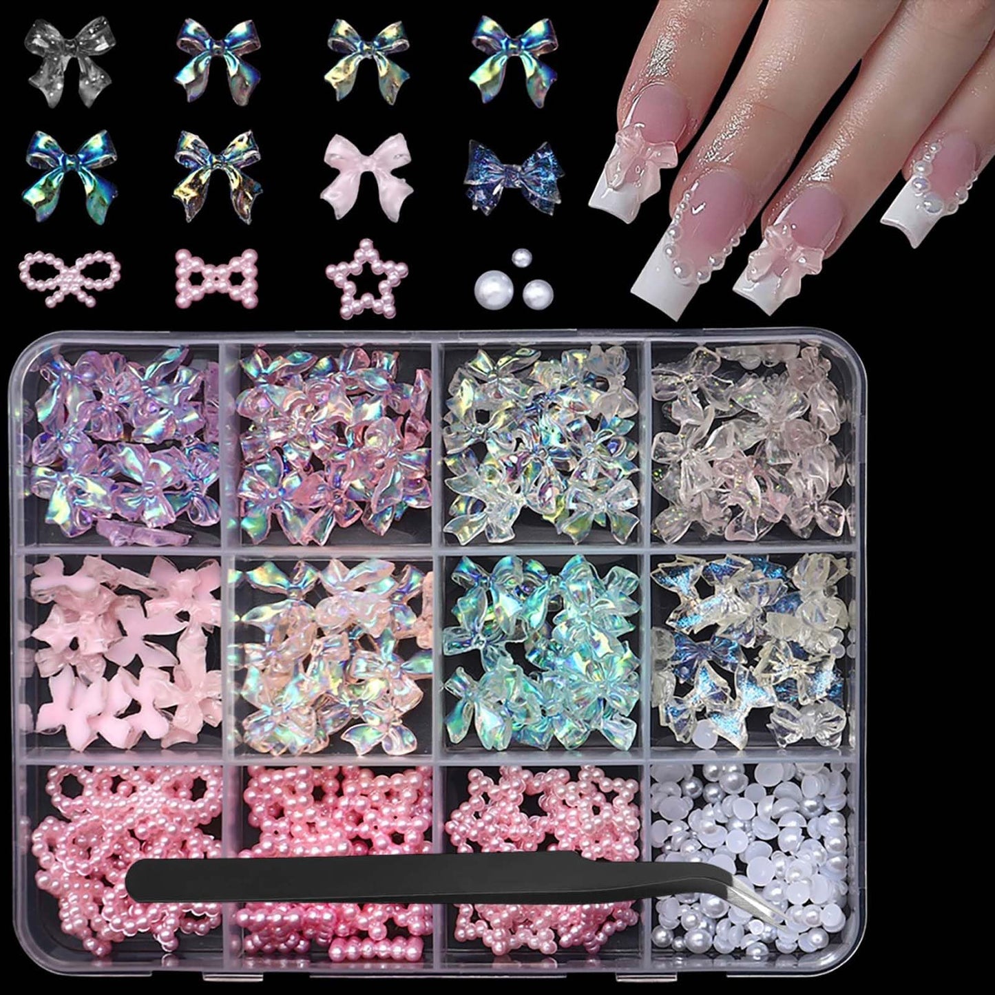 Bow Nail Charms 3D Resin Pink Pearl Circle Nail Gems Cute AB Crystal Clear Bowknot Nail Jewels Star Rhinestones Nail Art Supplies for Women DIY Acrylic Nail 12 Grids 1 Box 12 Styles