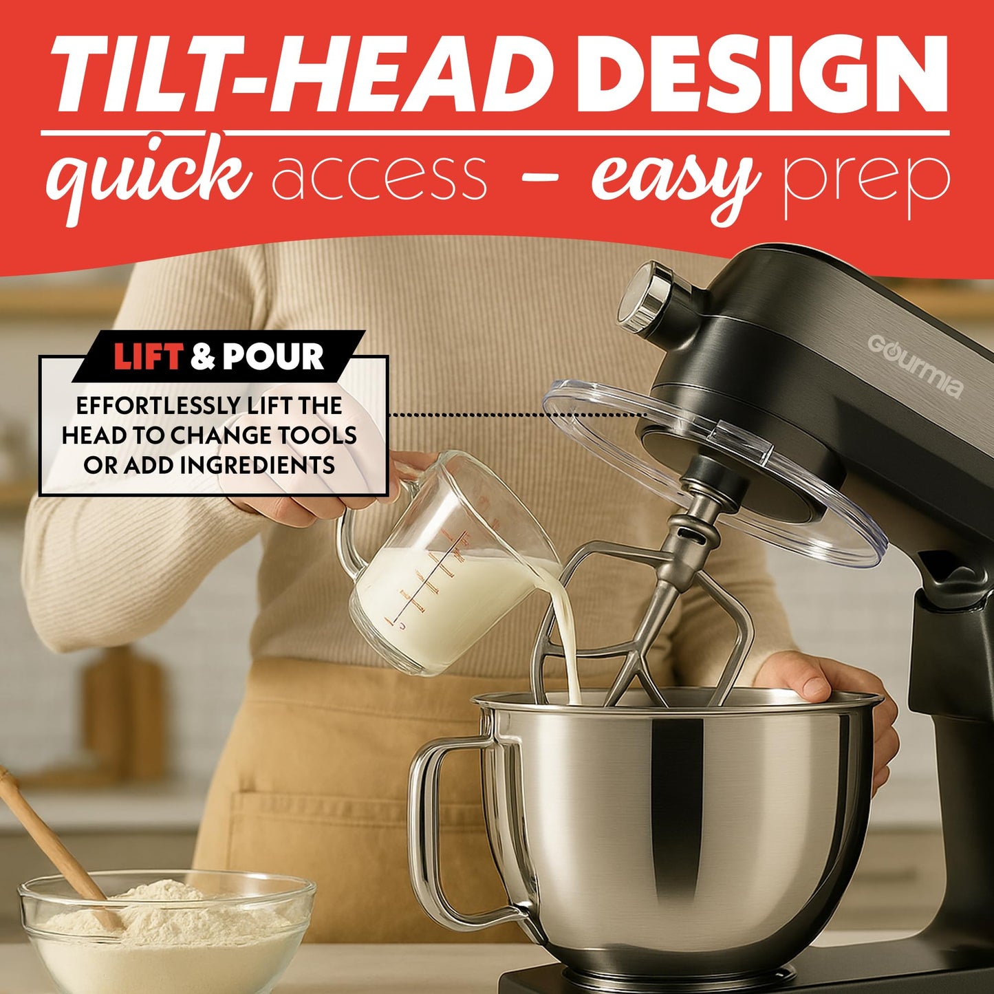 Gourmia Digital Stand Mixer - 7 QT Tilt-Head Kitchen Mixer with LED Timer, 10 Speeds, Stainless Steel Bowl, Attachments Included, 800W, Silver