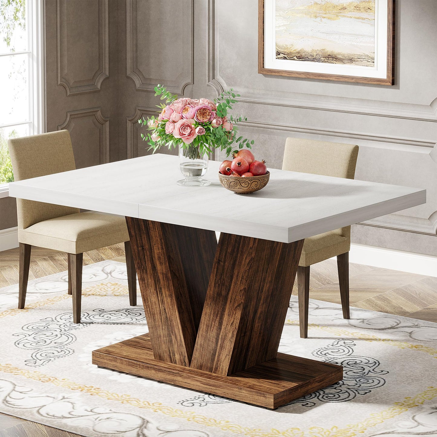 Tribesigns 47-Inch Dining Table for 4, White Kitchen Dinner Table with Heavy Duty Pedestal, Farmhouse Wooden Eating Table for Home, Dining Room, Small Space, White & Brown