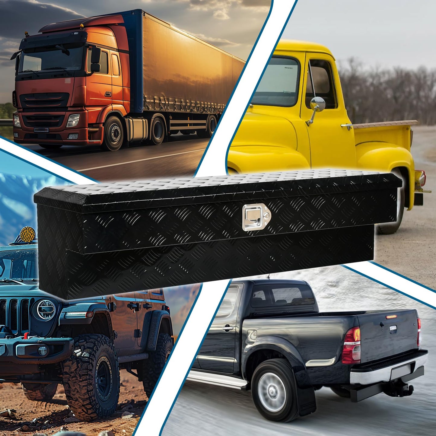 FGJQEFG 48'' Inch Aluminum Side Mount Truck Tool Box Pick Up Truck Bed RV Trailer Toolbox Storage Organizer with Side Handle, Lock & Keys，Black,5 Bar Tread (48"X8"X12.5")
