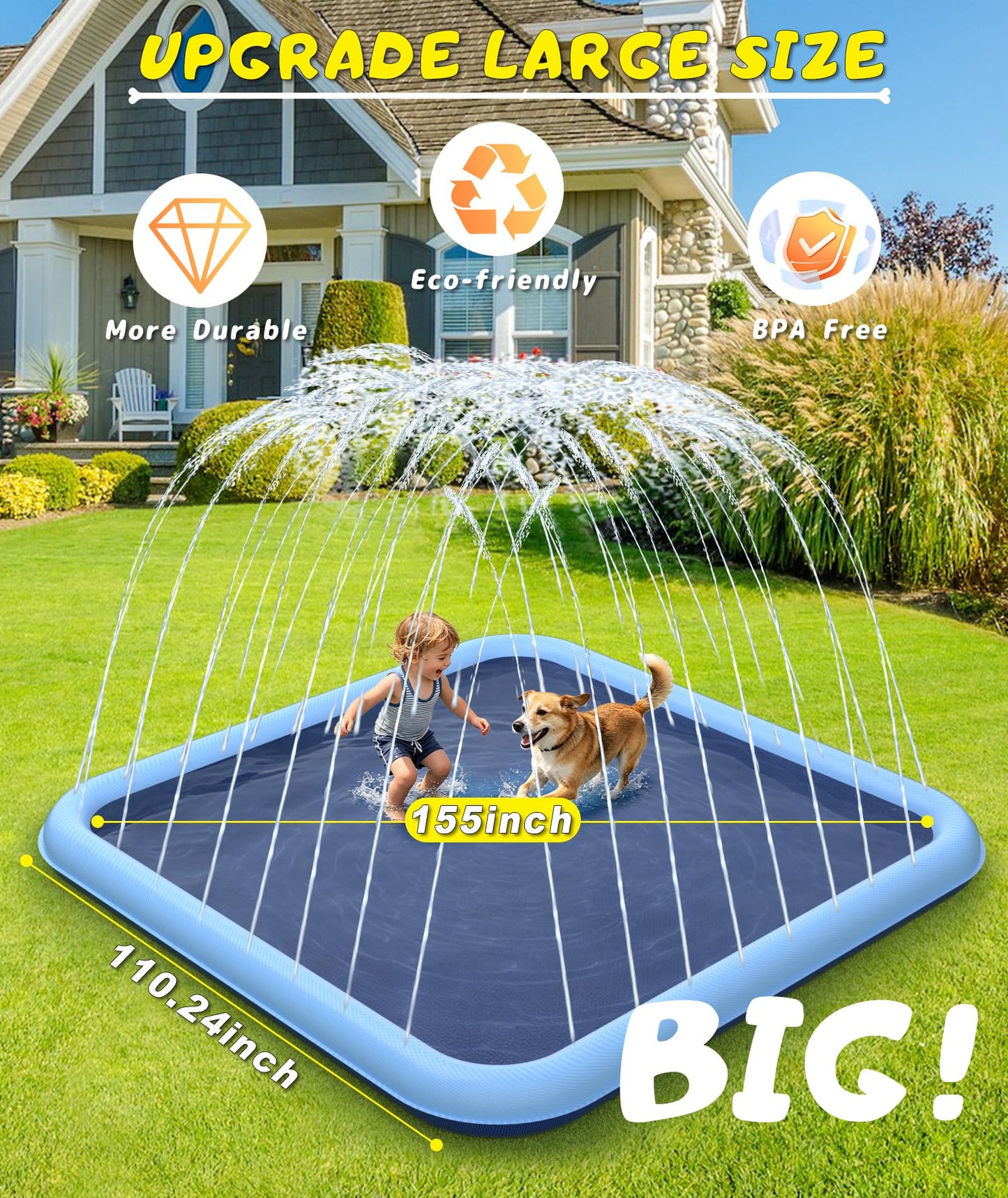 EPN Splash Pad, 155"- 110.24" Size Extra Large Sprinkler Play Mat for Dogs & Kids, Thicker Wading Pool Summer Outdoor Water Toys, Fun Backyard Fountain Play Pad for 3 Age+ Girls Boys Children & Pets
