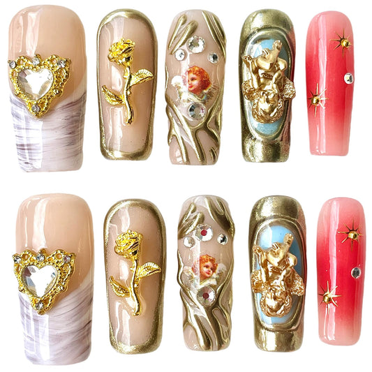Handmade Press On Nails Square Little Angel Design - Luxury Gold Vintage False Nails with 3D Floral Hearts, Reusable Acrylic Nail Tips for Bridal/Birthday Gift (Gold angel, S)