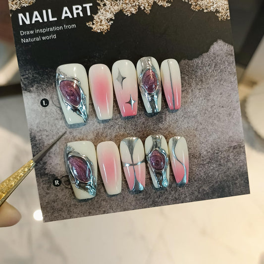 TENPAL 10pcs Coffin Press-On Nails Kit,Punk Metal Glam False Nails with Airbrush Blush Designs,Cat Eye Edgy Gradient Pink Nails with Rhinestones,Hip Hop Goth Chrome Fake Nails Set with Tools(S)