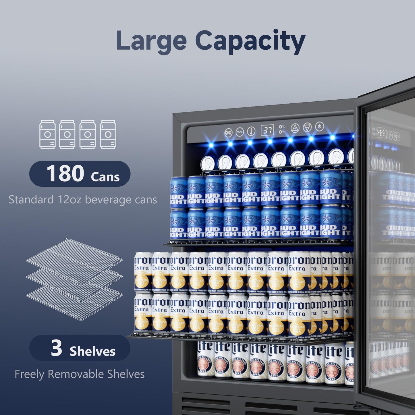 ICEVIVAL 24 Inch Built-In Beverage Cooler for 182 Cans, Under Counter Beer Fridge with Tempered Glass Door & LED Lighting, Freestanding/Integrated Installation (Black)
