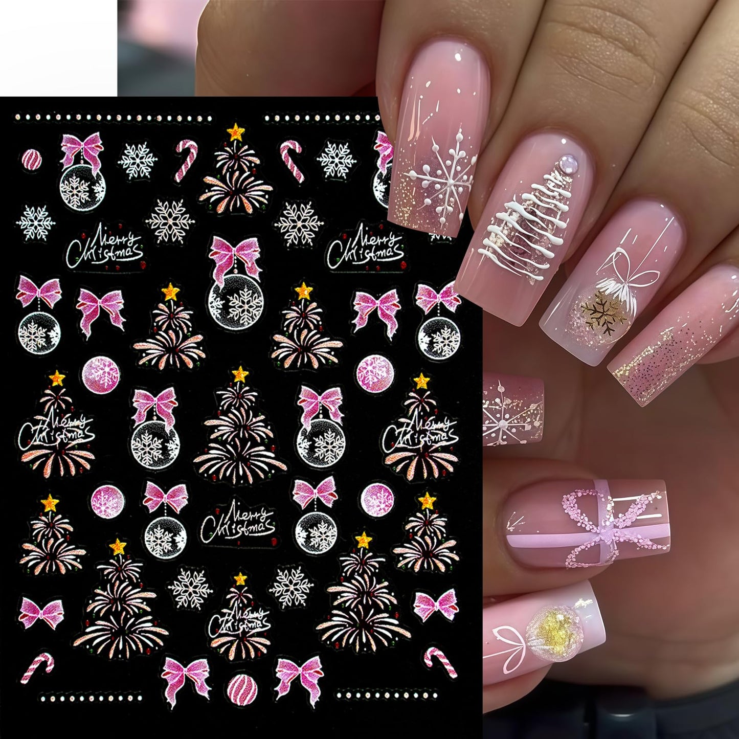 4 Sheets 5D Embossed Christmas Nail Art Stickers Pink Blue Fireworks Christmas Tree Nail Stickers Self-Adhesive Snowball Tree Nail Decals for Women Winter Xmas Holiday Manicure DIY Nail Supplies