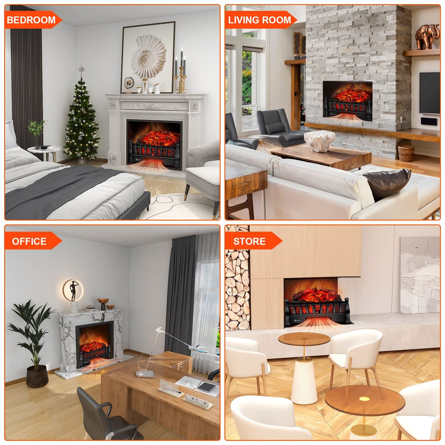 Electric Fireplace Logs Inserts Heater with Infrared Remote Controller 5 Flame Brightness 24 H Timer Overheating Protection for Home and Office Decor Black