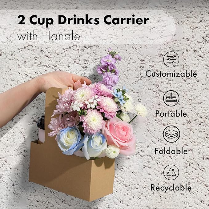 FMP Brands 2 Cup Disposable Drink Carrier with Handle, 250 Pack Kraft Paperboard Handled Drink Carriers 12-30 oz to Go Coffee Cup Holder, Cup Carrier for Cold Hot Drinks, Valentine Mother's Day