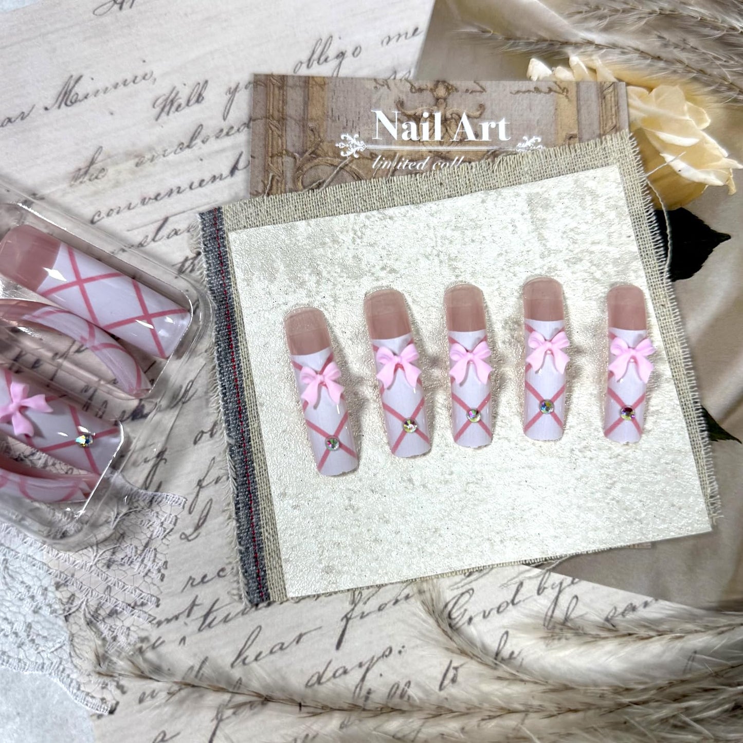 IMSOHOT Extra Long Press on Nails Curved Fake Nails - Pink Bow, Rhinestone Designs White French False Nails Acrylic Artificial Stick on Nails for Women Girls 20Pcs