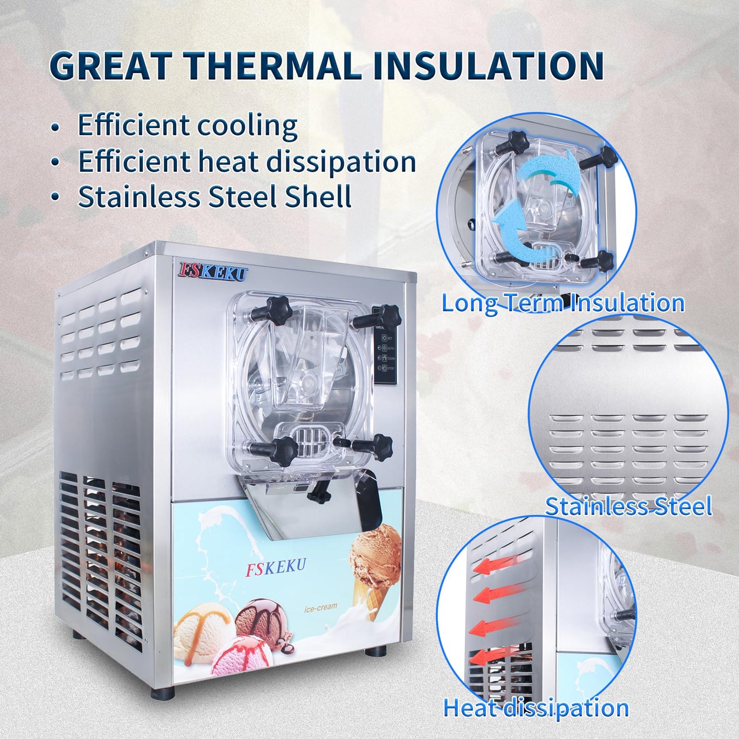 Hard Ice Cream Maker Commercial Gelato Machine 16-24L/H, 5.3 Gph Capacity Suitable for Restaurant/Bar/Home, Auto Clean LED Display Maquina De Helado 1400W