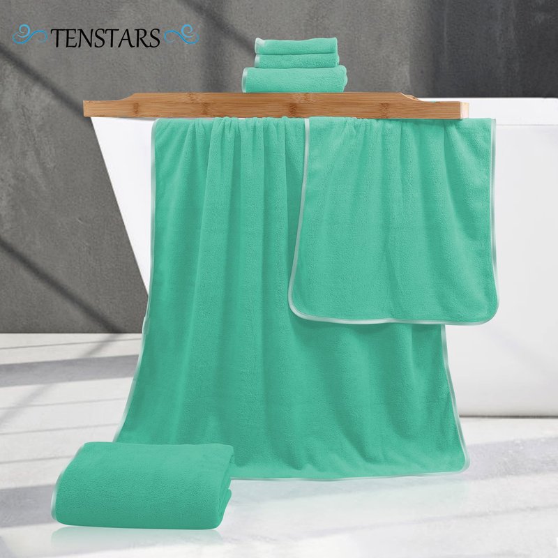 TENSTARS Luxury Silk Hemming Towel Set - Light Thin Quick Drying - 2 Bath Towels 2 Hand Towels 2 Washcloths - Ultra Soft Microfiber Towel for Bath Fitness, Sports, Yoga, Travel (Aqua Green, 6 Pieces)